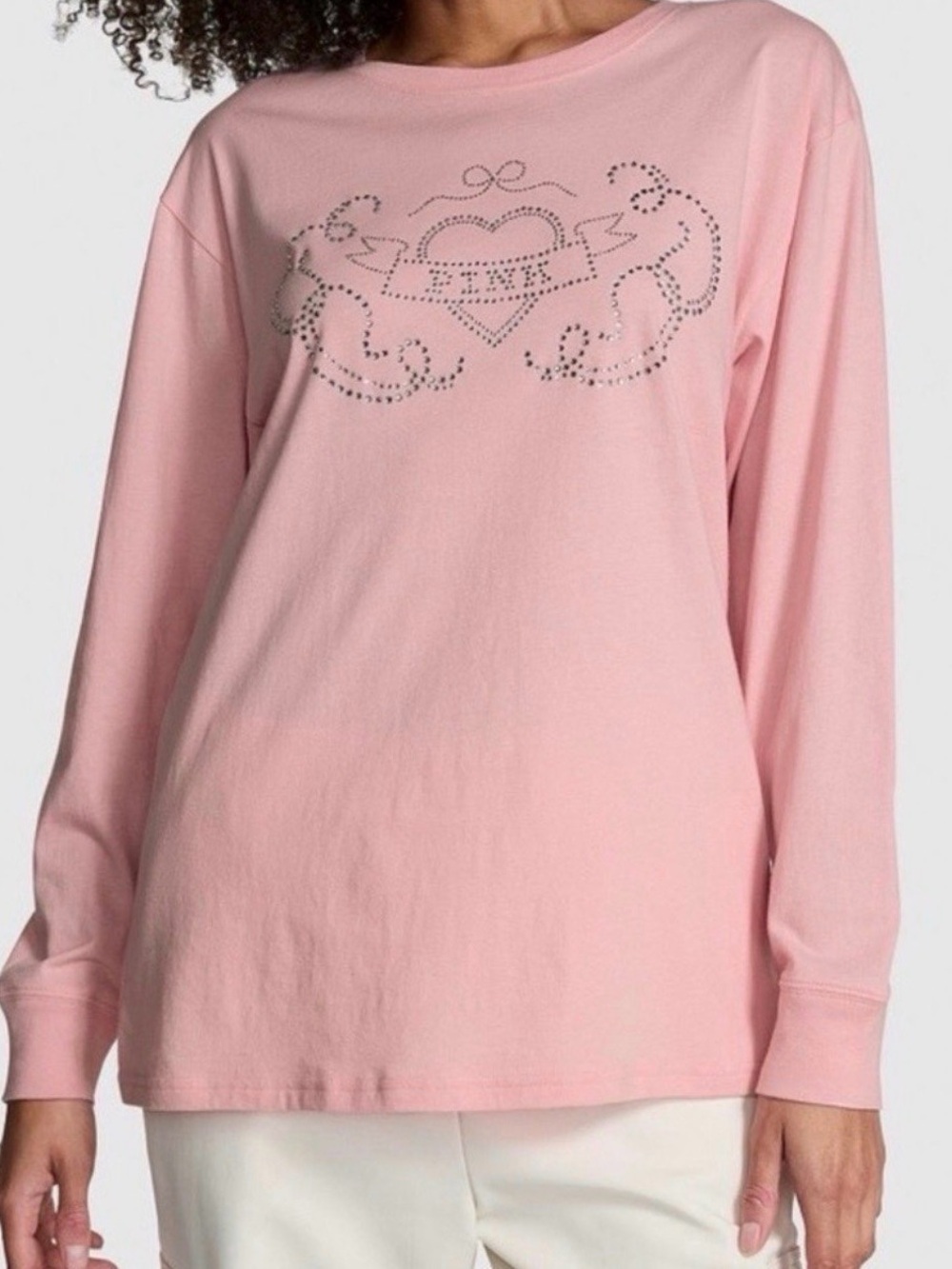 PINK Victoria’s Secret Rhinestone Logo Long Sleeve Tee Pink NWT Large
